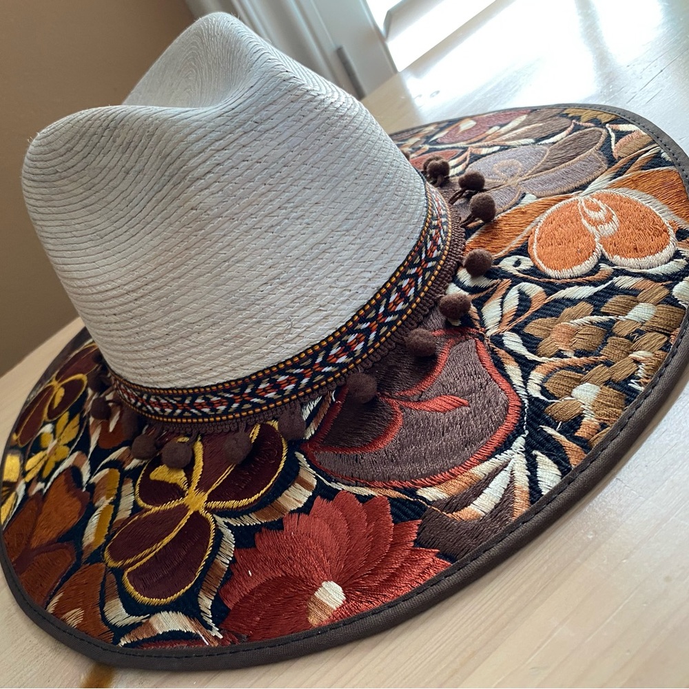 Cream and Brown Wide Brim Hat with Floral Pattern